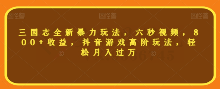 三国志全新暴力玩法，六秒视频，800+收益，抖音游戏高阶玩法，轻松月入过万【揭秘】-圣矾创业博客